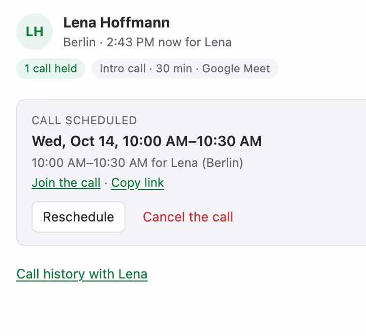 A booked call on the panel, with Reschedule and Cancel
